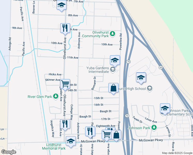 map of restaurants, bars, coffee shops, grocery stores, and more near 1892 Georgina Drive in Olivehurst