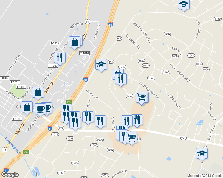 map of restaurants, bars, coffee shops, grocery stores, and more near 312 Carroll Drive in Stephens City