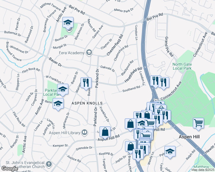 map of restaurants, bars, coffee shops, grocery stores, and more near 4208 Heathfield Road in Rockville