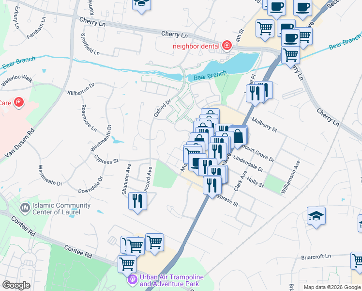 map of restaurants, bars, coffee shops, grocery stores, and more near 14112 William Street in Laurel