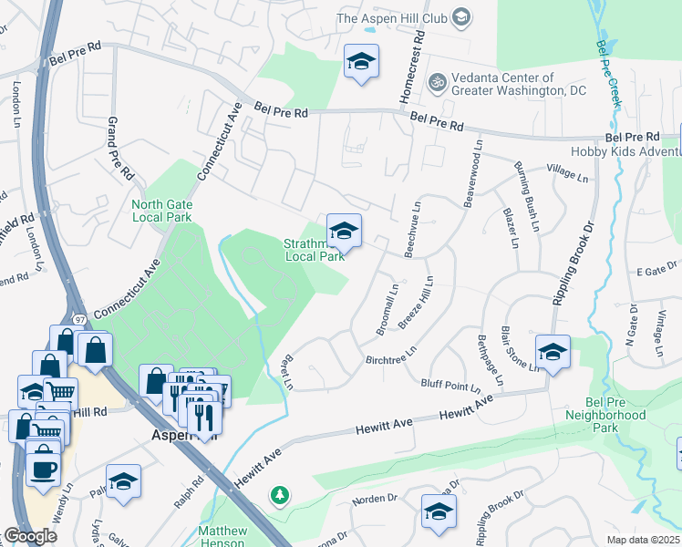 map of restaurants, bars, coffee shops, grocery stores, and more near 3200 Beaverwood Lane in Silver Spring