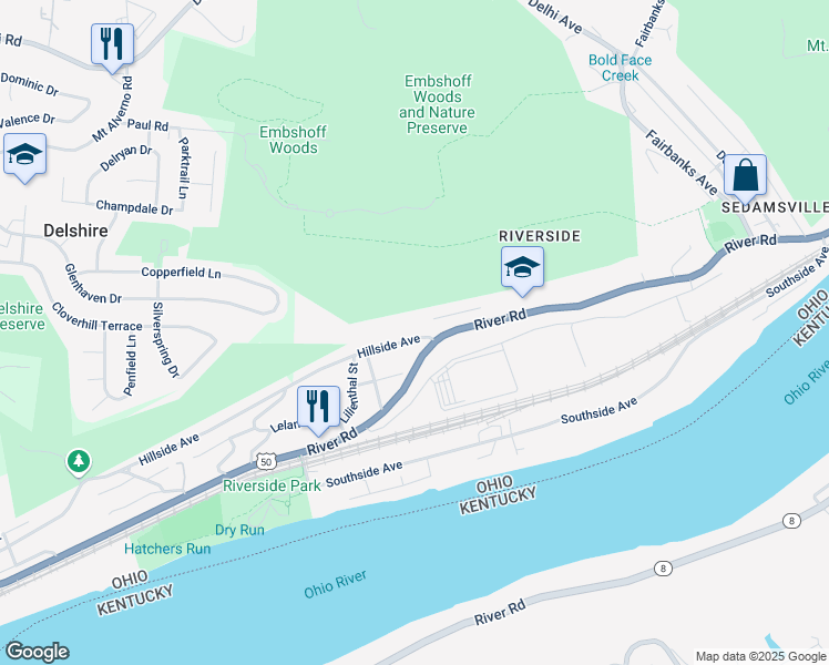 map of restaurants, bars, coffee shops, grocery stores, and more near 3340 Hillside Avenue in Cincinnati