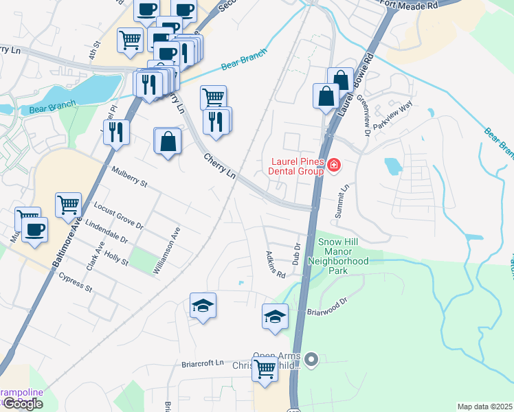 map of restaurants, bars, coffee shops, grocery stores, and more near 9001 Cherry Lane in Laurel
