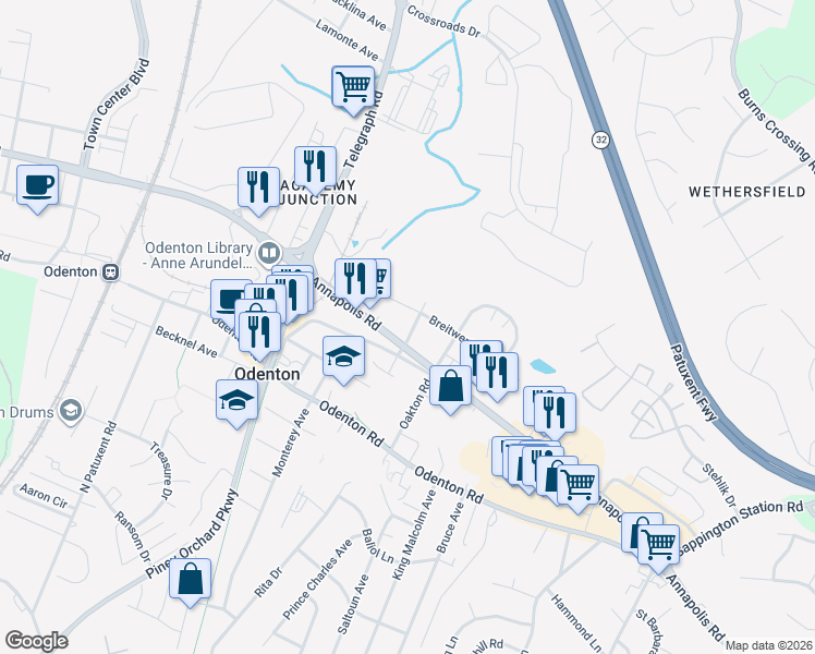 map of restaurants, bars, coffee shops, grocery stores, and more near 444 Harding Avenue in Odenton