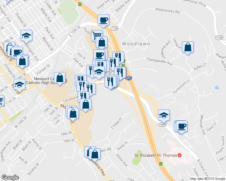 map of restaurants, bars, coffee shops, grocery stores, and more near 88 Carothers Road in Newport