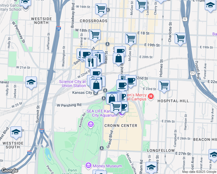 map of restaurants, bars, coffee shops, grocery stores, and more near 2301 Main Street in Kansas City