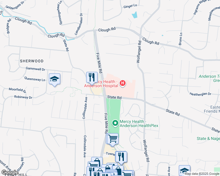 map of restaurants, bars, coffee shops, grocery stores, and more near 8000 Five Mile Road in Cincinnati
