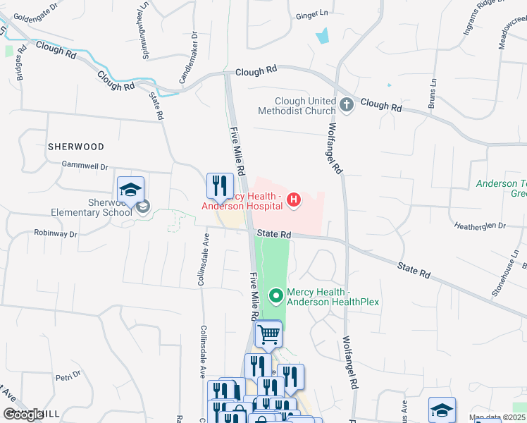 map of restaurants, bars, coffee shops, grocery stores, and more near 8000 Five Mile Road in Cincinnati