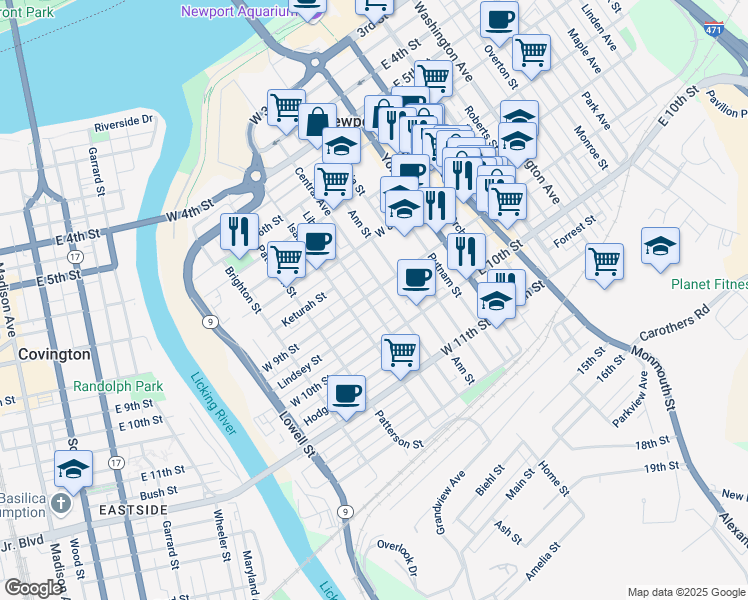 map of restaurants, bars, coffee shops, grocery stores, and more near 218 West 9th Street in Newport