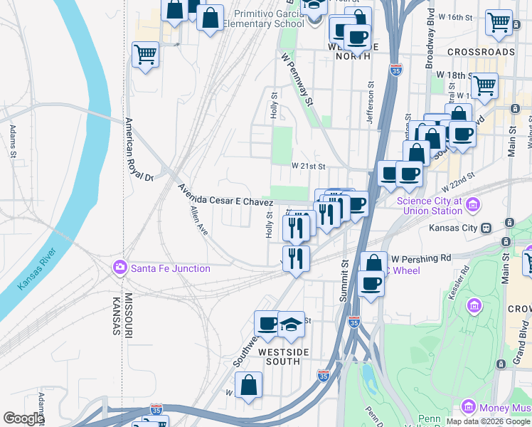 map of restaurants, bars, coffee shops, grocery stores, and more near 2312 Holly Street in Kansas City
