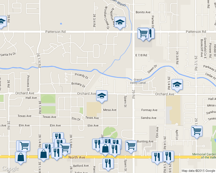 map of restaurants, bars, coffee shops, grocery stores, and more near 2879 Pinyon Avenue in Grand Junction