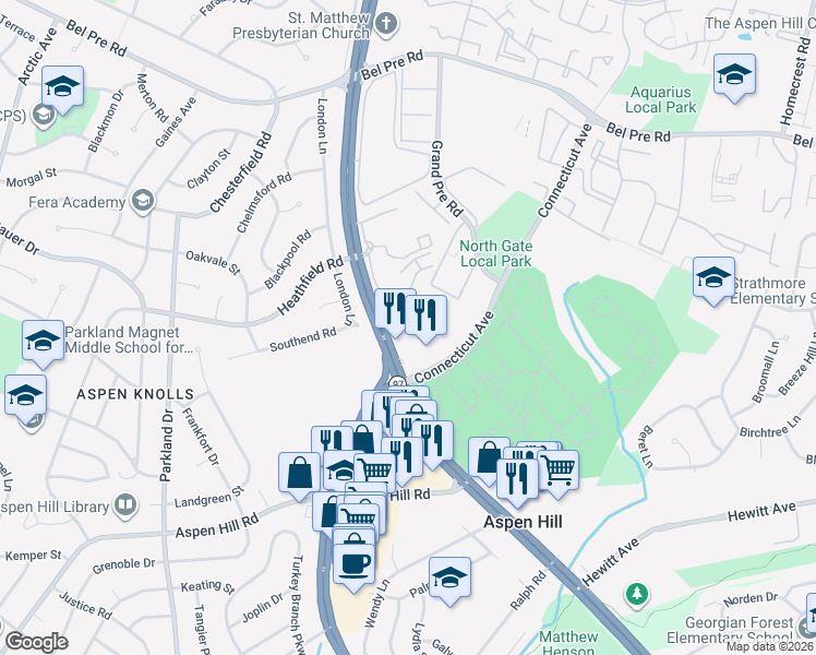 map of restaurants, bars, coffee shops, grocery stores, and more near 14111 Georgia Avenue in Aspen Hill