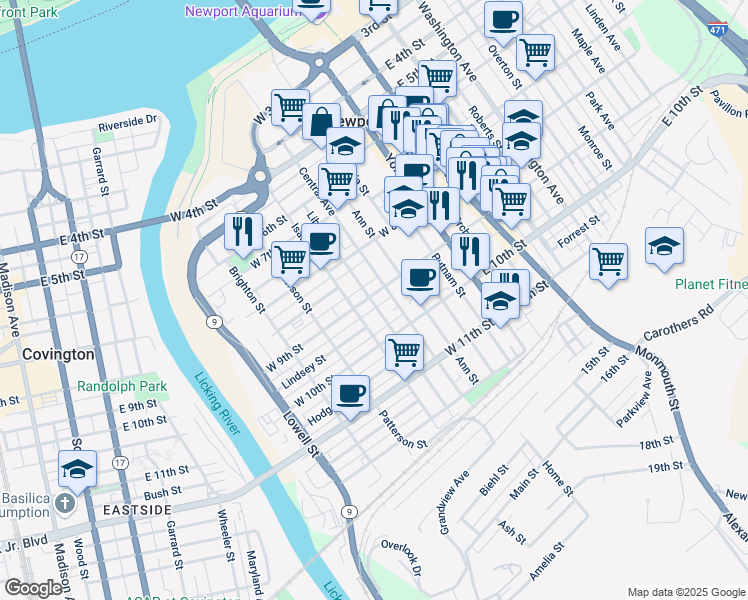 map of restaurants, bars, coffee shops, grocery stores, and more near 218 West 9th Street in Newport