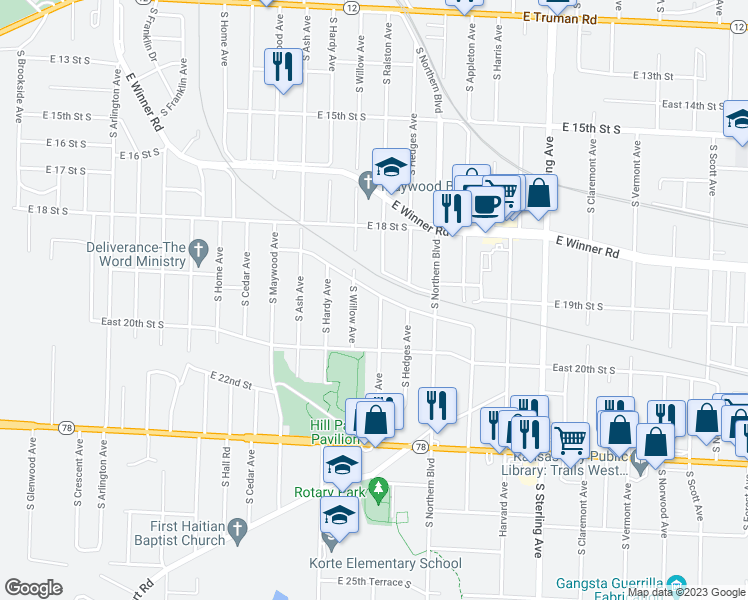 map of restaurants, bars, coffee shops, grocery stores, and more near 1902 South Ralston Avenue in Independence