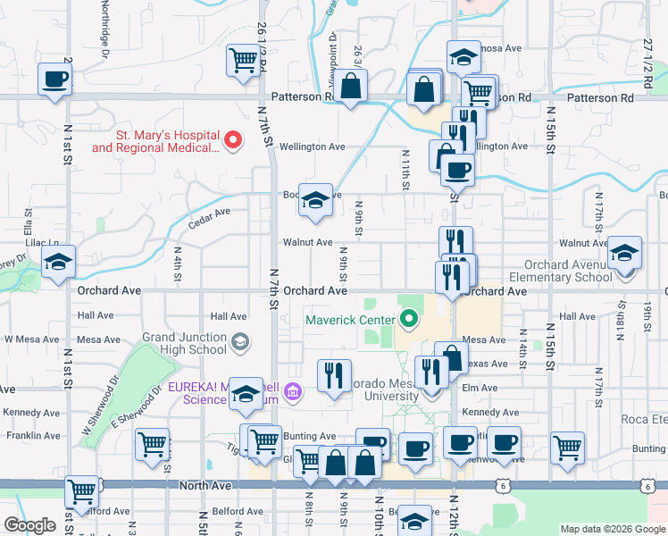 map of restaurants, bars, coffee shops, grocery stores, and more near 1945 North 9th Street in Grand Junction
