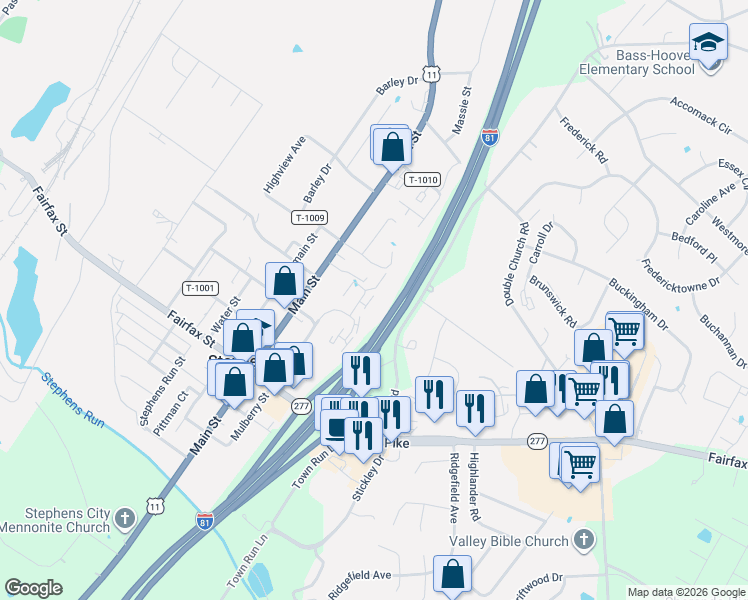 map of restaurants, bars, coffee shops, grocery stores, and more near 5242 Mulberry Run Court in Stephens City