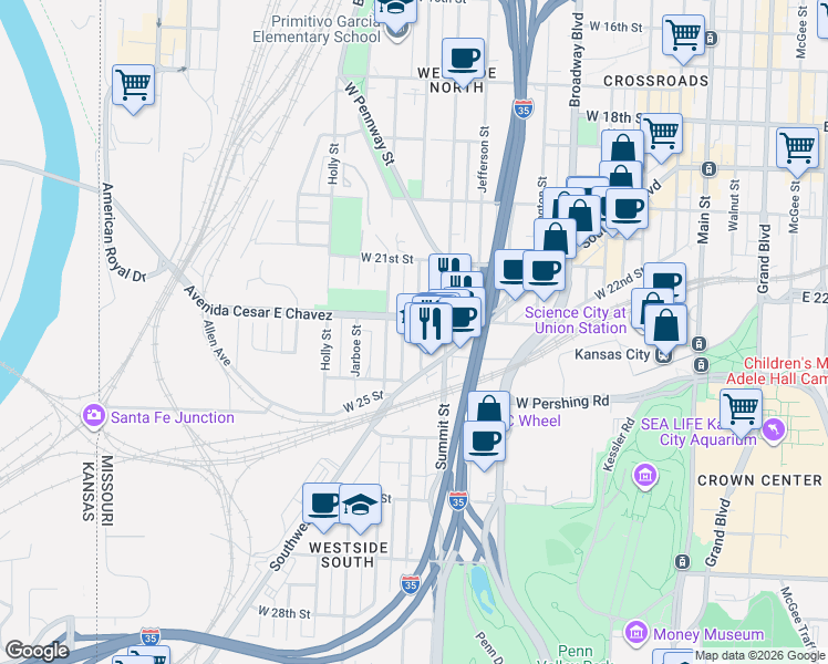 map of restaurants, bars, coffee shops, grocery stores, and more near 2310 Madison Ave in Kansas City