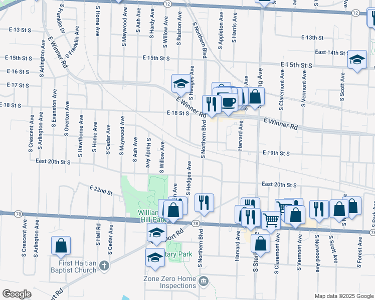 map of restaurants, bars, coffee shops, grocery stores, and more near 10624 East 19th Terrace in Independence