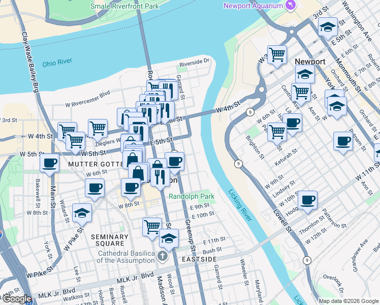 map of restaurants, bars, coffee shops, grocery stores, and more near 530 Garrard Street in Covington