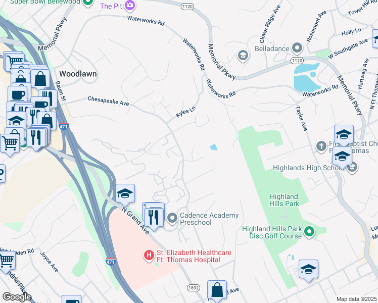 map of restaurants, bars, coffee shops, grocery stores, and more near 15 Patricia Court in Fort Thomas