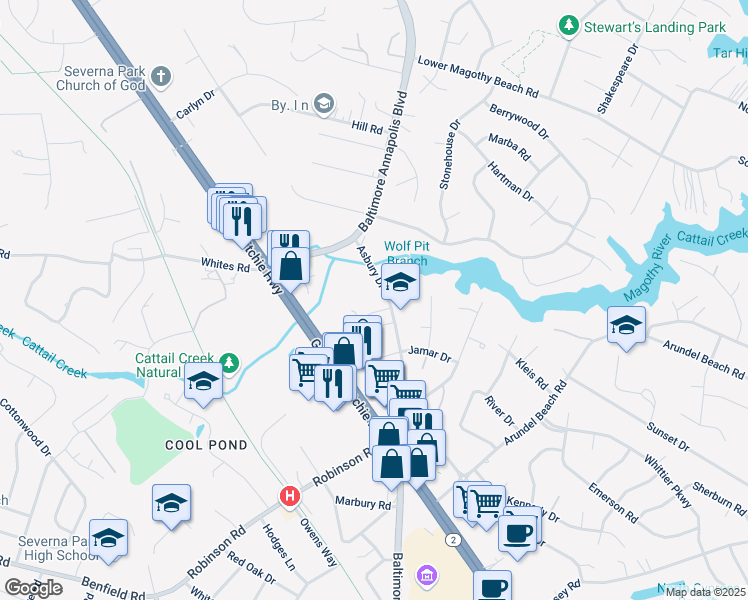 map of restaurants, bars, coffee shops, grocery stores, and more near 420 Asbury Drive in Severna Park