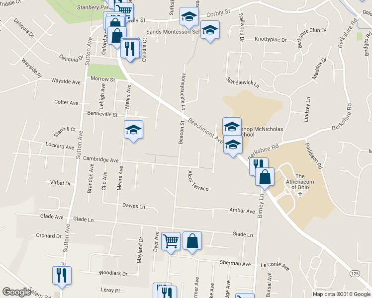 map of restaurants, bars, coffee shops, grocery stores, and more near 1734 Beacon Street in Cincinnati