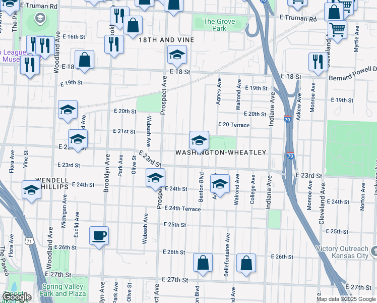 map of restaurants, bars, coffee shops, grocery stores, and more near 2800 East 22nd Street in Kansas City