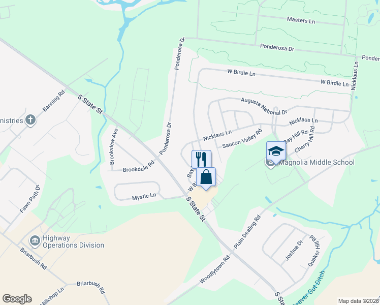 map of restaurants, bars, coffee shops, grocery stores, and more near 171 Bay Hill Lane in Magnolia