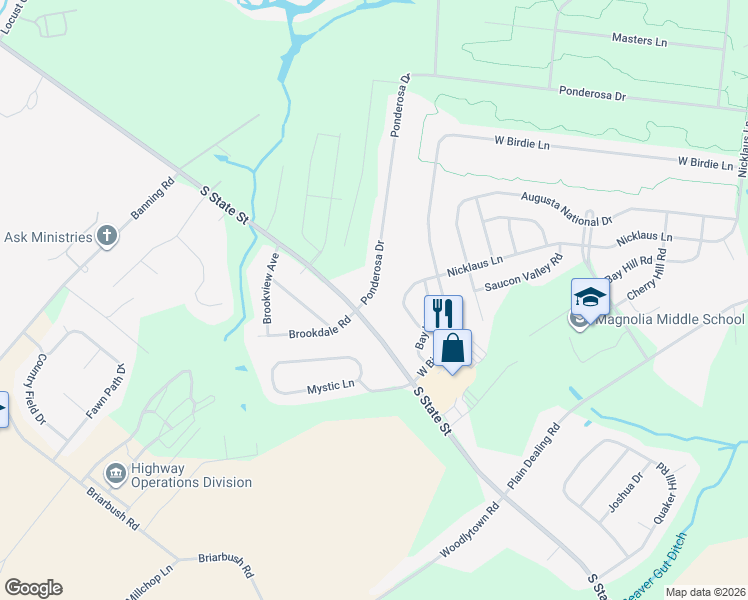 map of restaurants, bars, coffee shops, grocery stores, and more near 44 Ponderosa Drive in Magnolia
