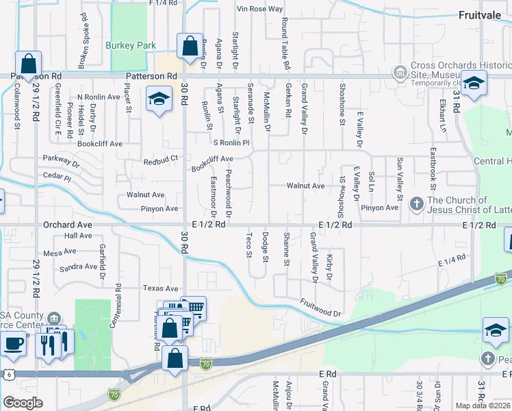 map of restaurants, bars, coffee shops, grocery stores, and more near 556 Serenade Court in Grand Junction