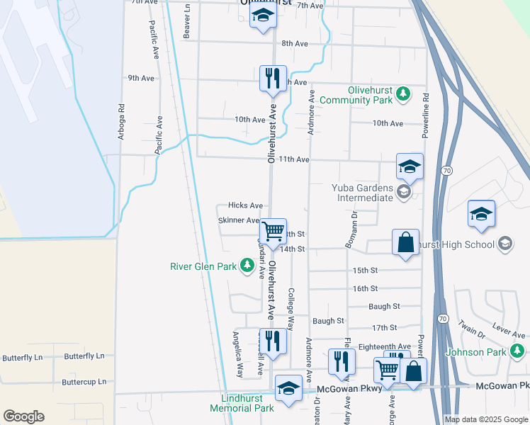 map of restaurants, bars, coffee shops, grocery stores, and more near 4537 Sundari Avenue in Olivehurst