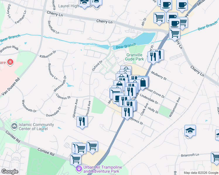 map of restaurants, bars, coffee shops, grocery stores, and more near 14108 William Street in Laurel