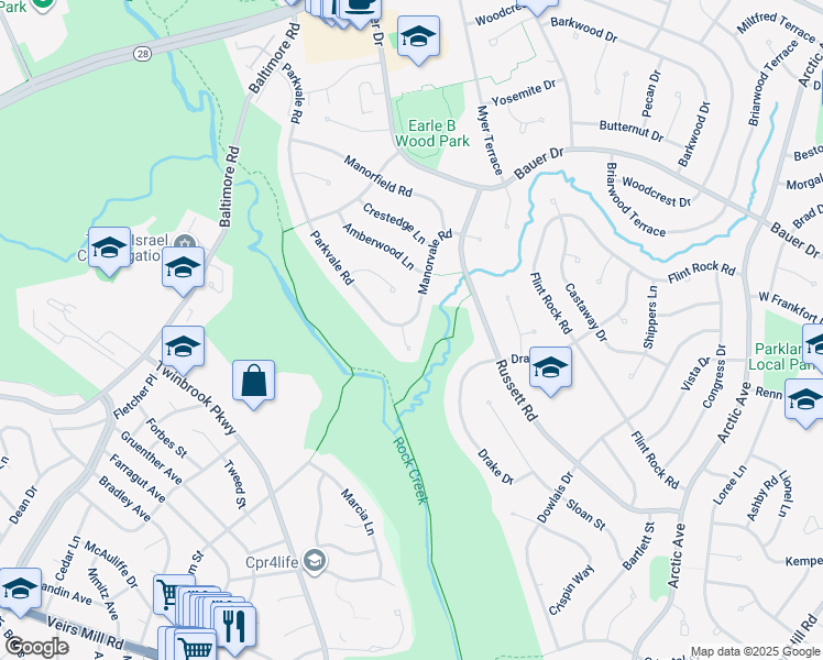 map of restaurants, bars, coffee shops, grocery stores, and more near 14001 Manorvale Road in Rockville