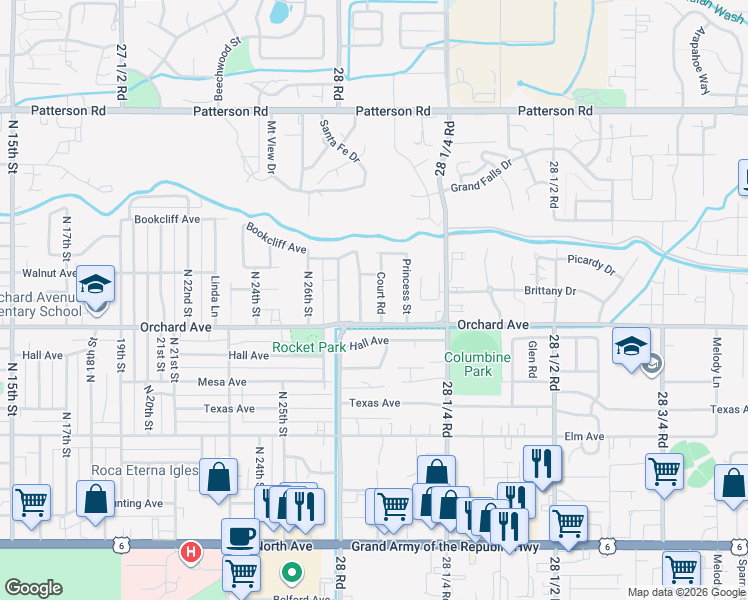 map of restaurants, bars, coffee shops, grocery stores, and more near 560 Cindy Ann Road in Grand Junction