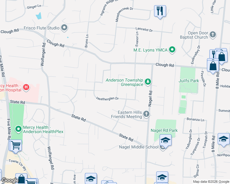 map of restaurants, bars, coffee shops, grocery stores, and more near 1816 Windhill Terrace in Cincinnati