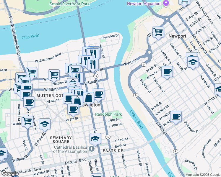 map of restaurants, bars, coffee shops, grocery stores, and more near 530 Garrard Street in Covington