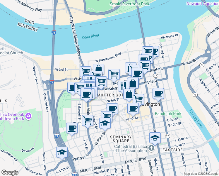 map of restaurants, bars, coffee shops, grocery stores, and more near 214 West 5th Street in Covington