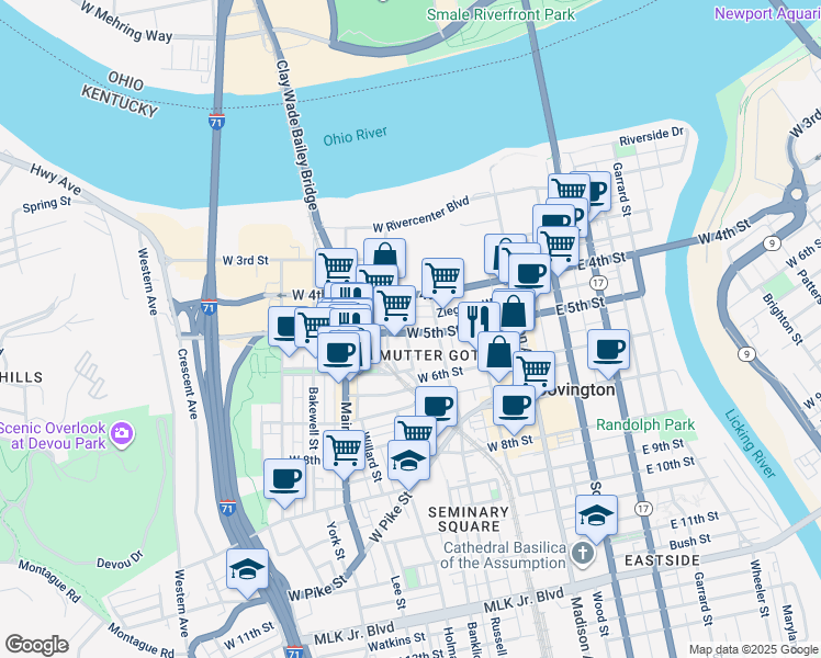 map of restaurants, bars, coffee shops, grocery stores, and more near 214 West 5th Street in Covington