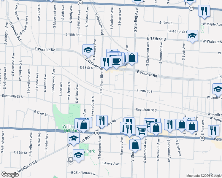 map of restaurants, bars, coffee shops, grocery stores, and more near 1902 South Harris Avenue in Independence