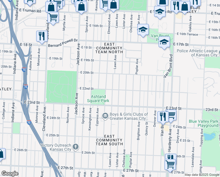 map of restaurants, bars, coffee shops, grocery stores, and more near 2044 Lawn Avenue in Kansas City