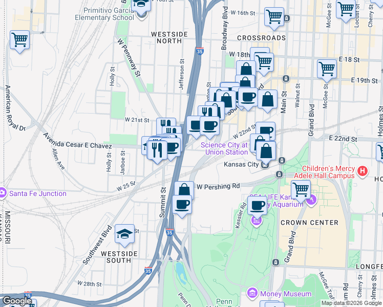 map of restaurants, bars, coffee shops, grocery stores, and more near 601 Avenida Cesar E Chavez in Kansas City