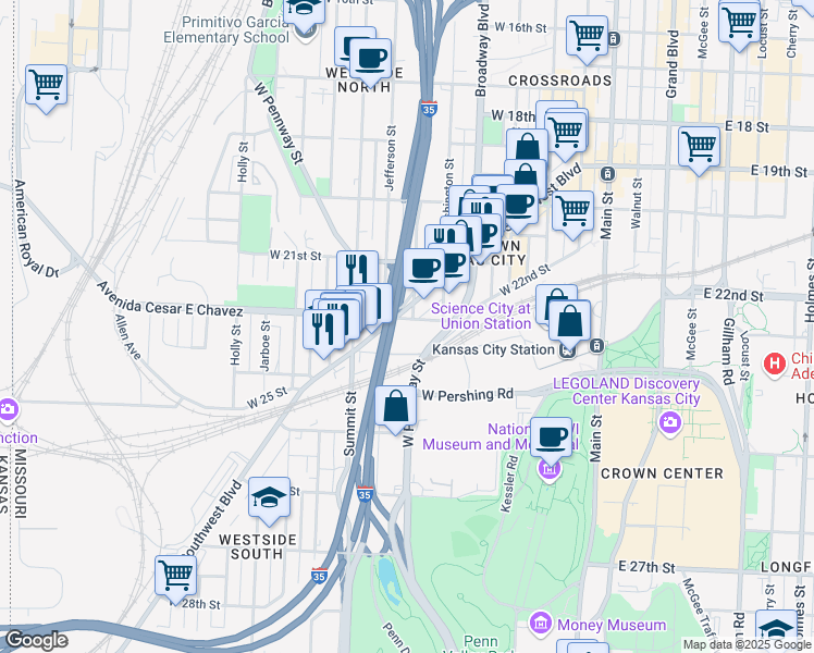map of restaurants, bars, coffee shops, grocery stores, and more near 601 Avenida Cesar E Chavez in Kansas City