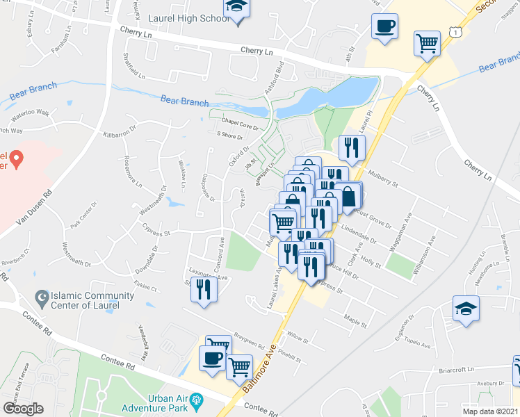 map of restaurants, bars, coffee shops, grocery stores, and more near 14120 Lauren Lane in Laurel