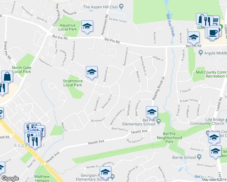 map of restaurants, bars, coffee shops, grocery stores, and more near 14045 Breeze Hill Lane in Silver Spring