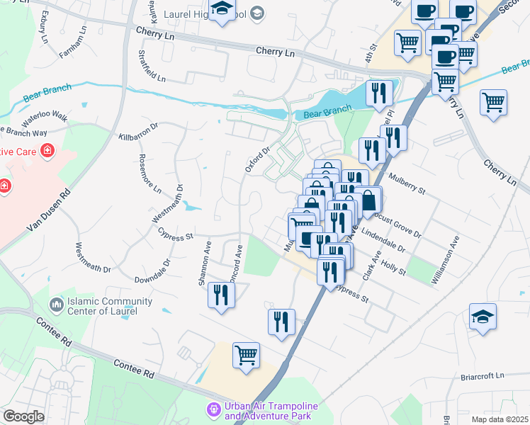 map of restaurants, bars, coffee shops, grocery stores, and more near 14025 Vista Drive in Laurel