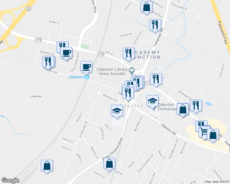 map of restaurants, bars, coffee shops, grocery stores, and more near 431 Skyline Avenue in Odenton