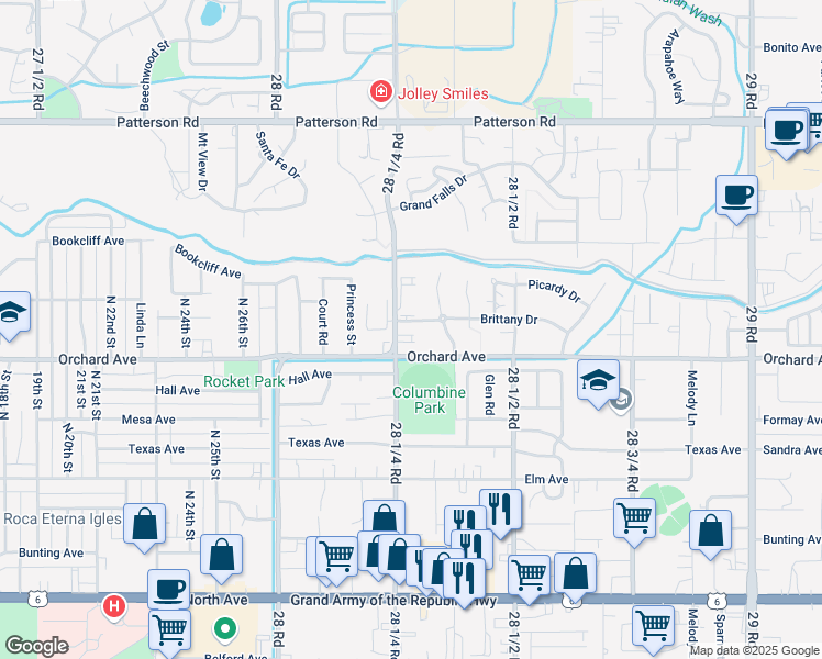 map of restaurants, bars, coffee shops, grocery stores, and more near 2828 Orchard Avenue in Grand Junction
