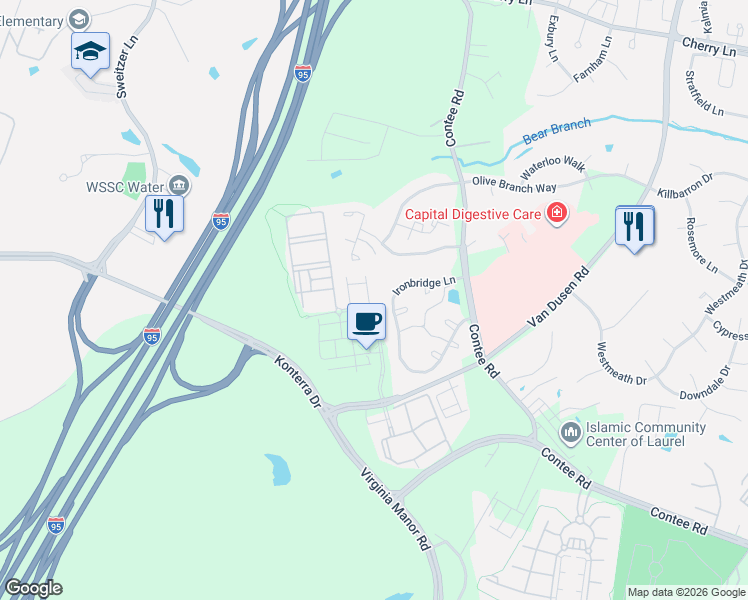map of restaurants, bars, coffee shops, grocery stores, and more near 14206 Westside Ridge Drive in Laurel