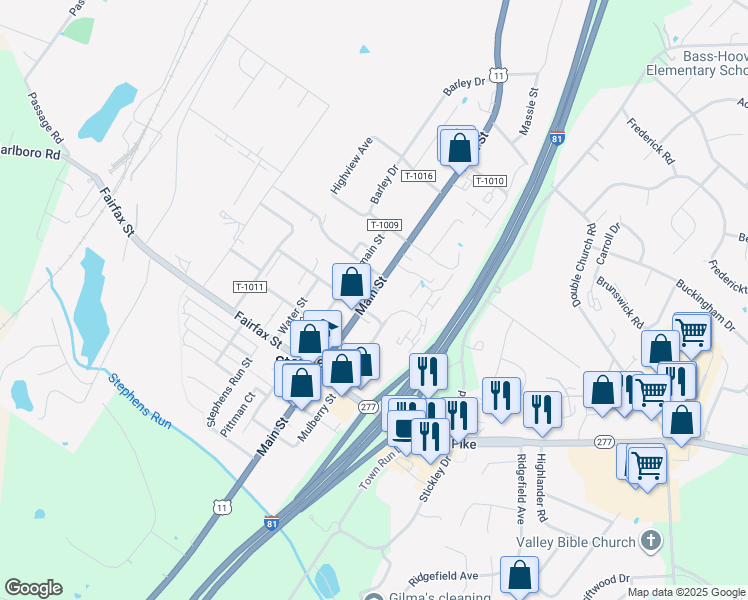 map of restaurants, bars, coffee shops, grocery stores, and more near 5286 Main Street in Stephens City