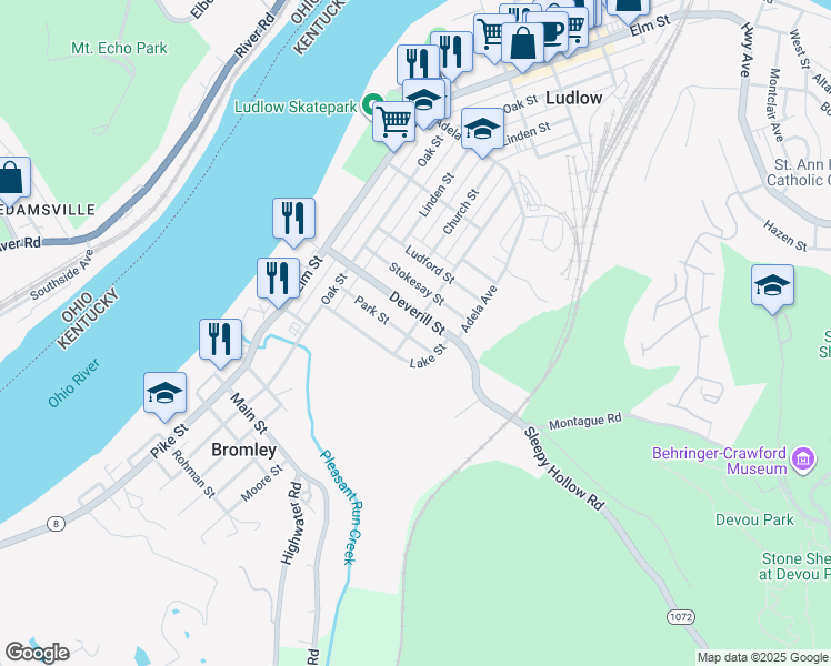 map of restaurants, bars, coffee shops, grocery stores, and more near 301 Park Ave in Ludlow